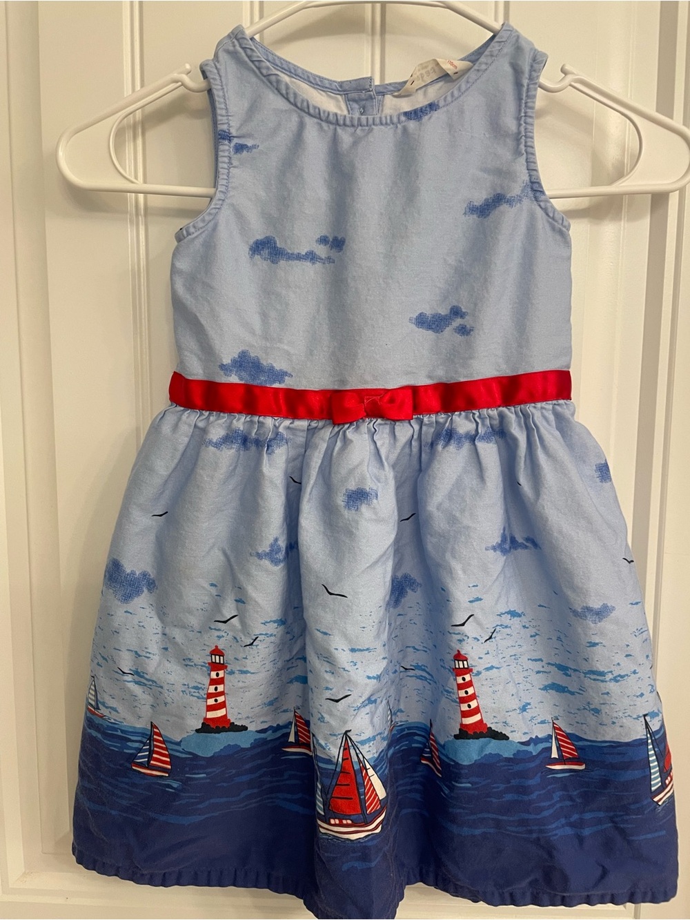 Light Blue Nautical-Print Girls' Dress with Red Ribbon Waist